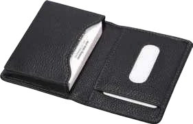 Cardevo Leather Business Card Case with ID Window, Leather business card case opened with ID window; cards shown for illustration, not included