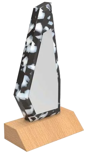 Pinnaro Patterned Panel and Beech Wood Award, Black-white plastic and aluminium award on wood base