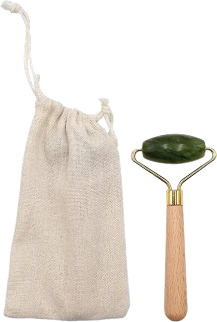 Jadello Jade Face Roller with Cotton Pouch, Jade face roller with wood handle and cotton drawstring pouch