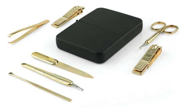 Manivelle Seven-Piece Gold Manicure Set, Seven gold-plated grooming tools with closed carry case
